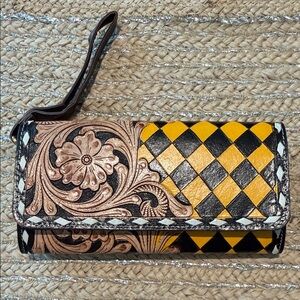 Hand-Tooled Floral & Harlequin Leather Wristlet Wallet in Yellow and Black